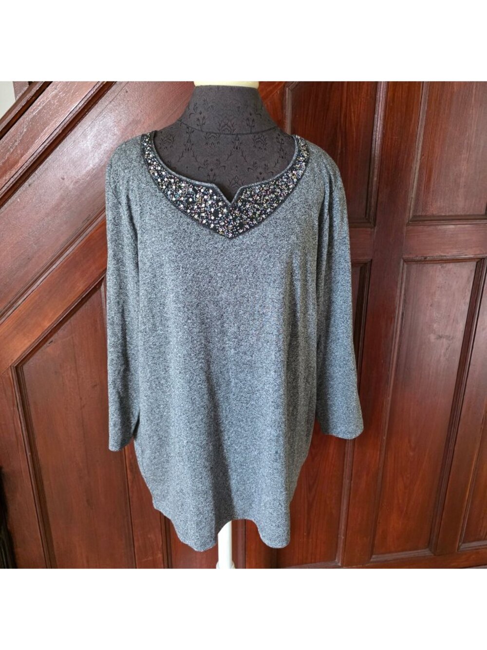 Rafaella Womens Gray Beaded Neckline Tunic Top 3/4 Sleeves Size XL